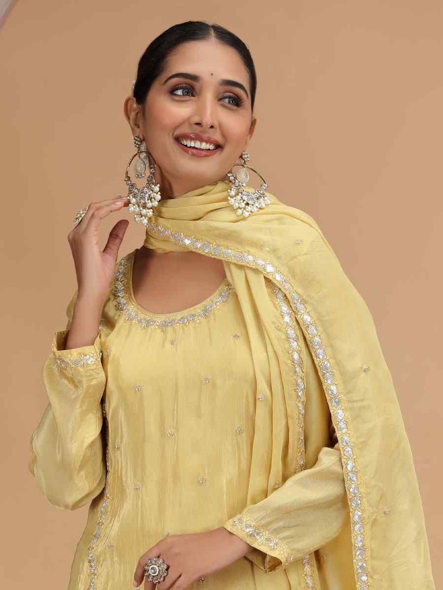 Yellow Silk Embroidery Party Wedding Festival Casual Ready Farsi Pant Salwar Kameez