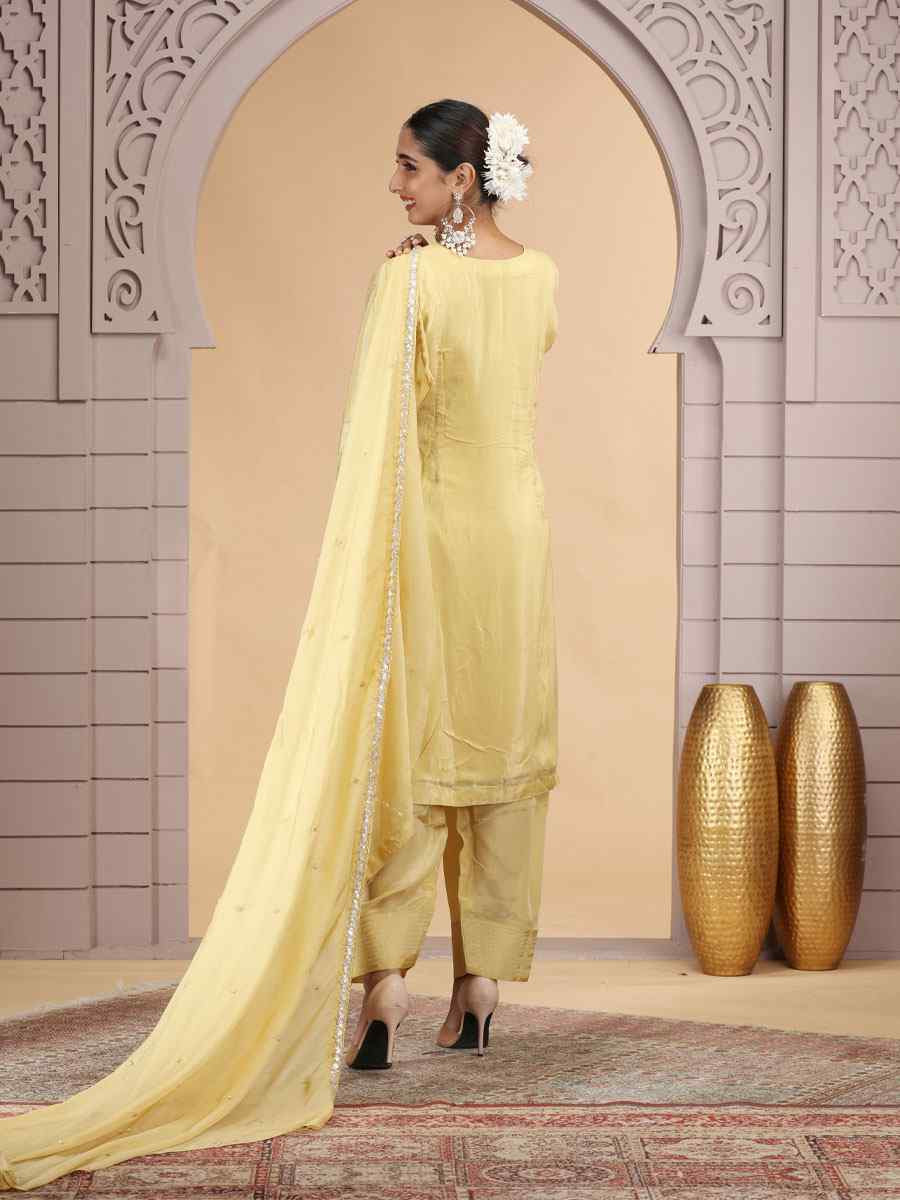 Yellow Silk Embroidery Party Wedding Festival Casual Ready Farsi Pant Salwar Kameez