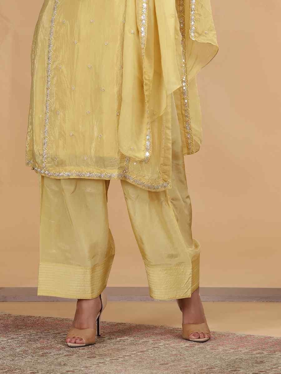 Yellow Silk Embroidery Party Wedding Festival Casual Ready Farsi Pant Salwar Kameez