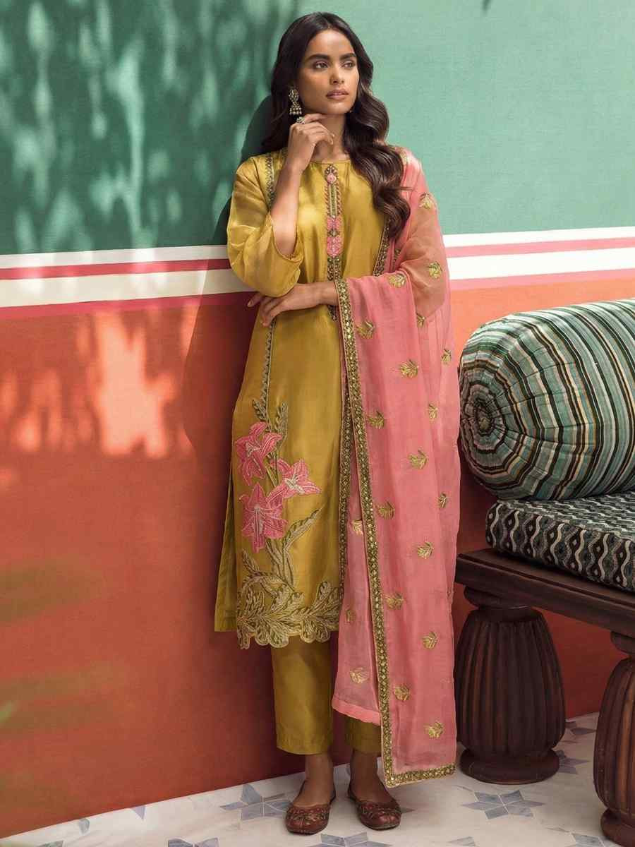 Yellow Silk Embroidery Party Wedding Festival Casual Ready Pant Salwar Kameez