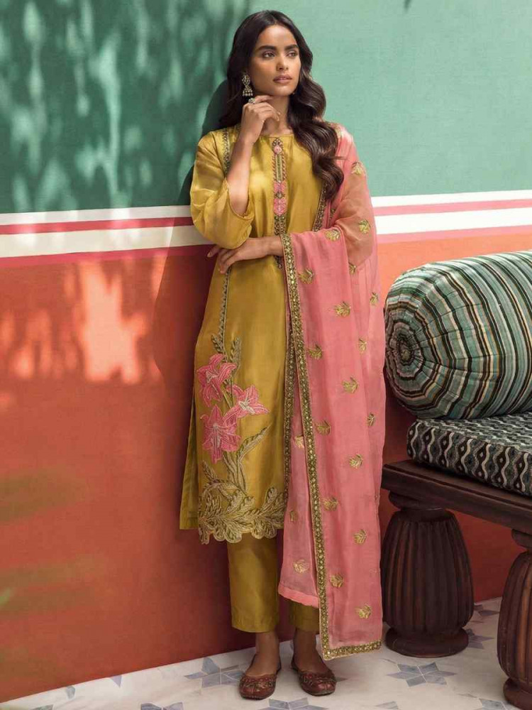 Image of Yellow Silk Embroidery Party Wedding Festival Casual Ready Pant Salwar Kameez