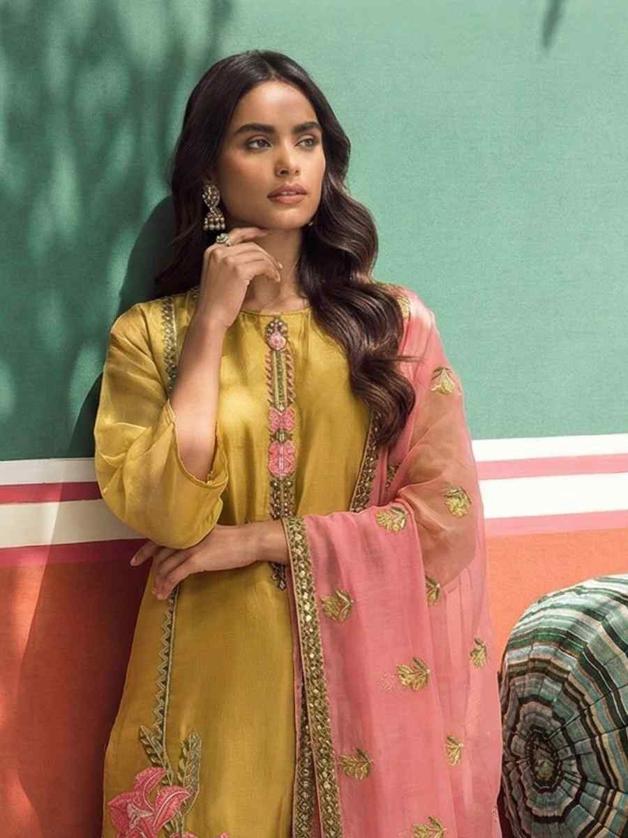Yellow Silk Embroidery Party Wedding Festival Casual Ready Pant Salwar Kameez