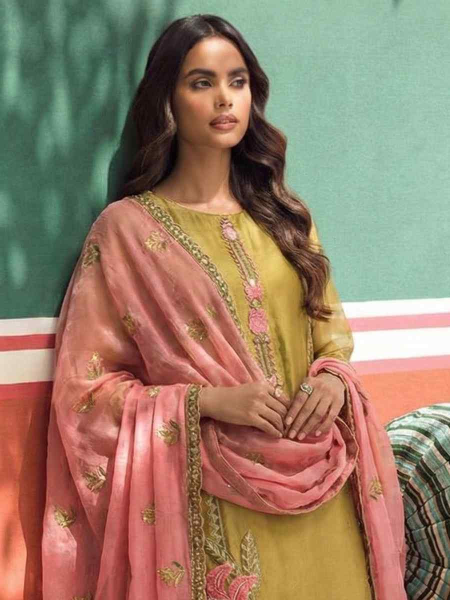 Yellow Silk Embroidery Party Wedding Festival Casual Ready Pant Salwar Kameez