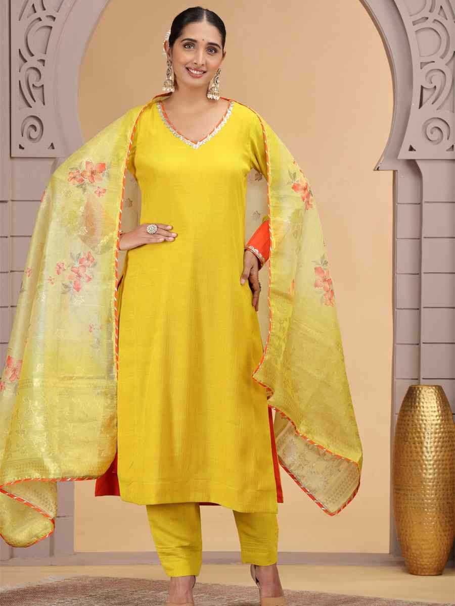 Yellow Silk Embroidery Party Wedding Festival Casual Ready Pant Salwar Kameez