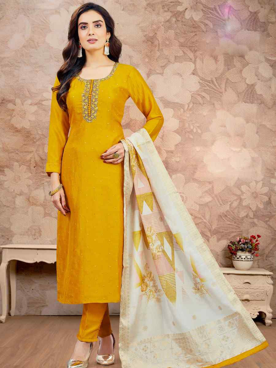Yellow Silk Embroidery Party Wedding Festival Casual Ready Pant Salwar Kameez