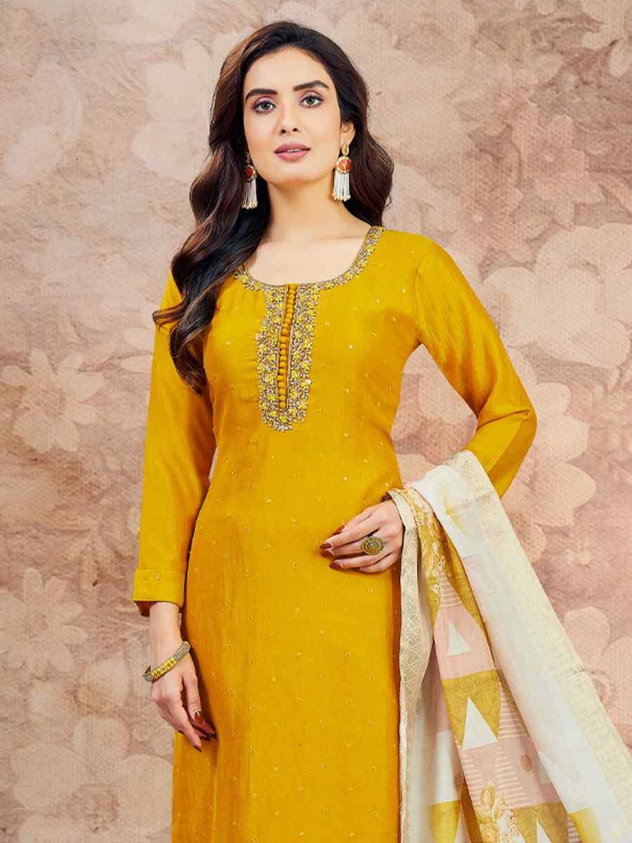 Yellow Silk Embroidery Party Wedding Festival Casual Ready Pant Salwar Kameez