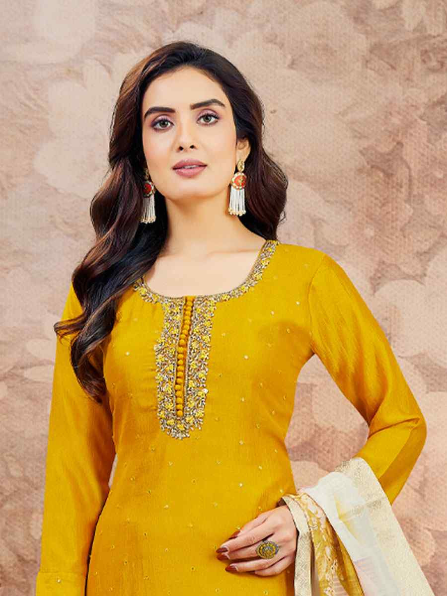 Yellow Silk Embroidery Party Wedding Festival Casual Ready Pant Salwar Kameez