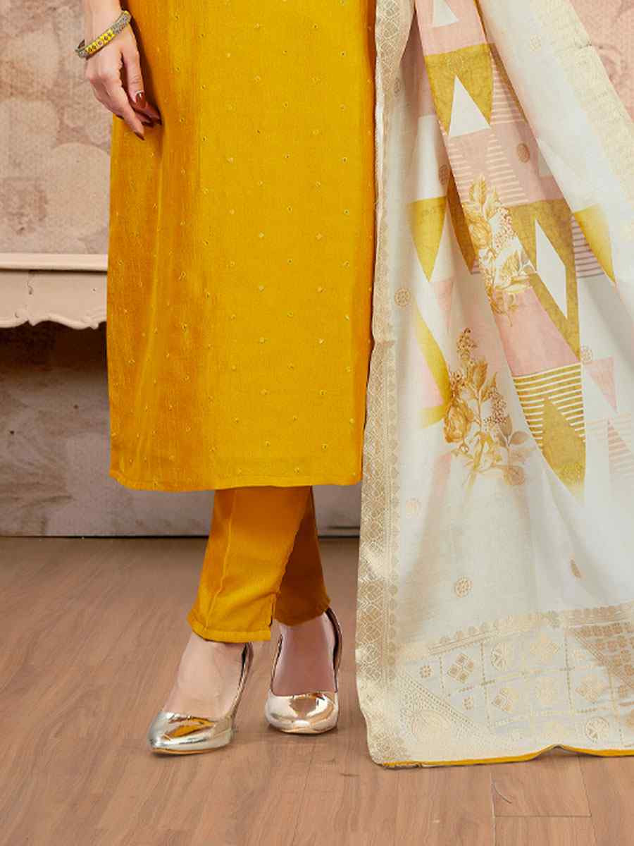 Yellow Silk Embroidery Party Wedding Festival Casual Ready Pant Salwar Kameez