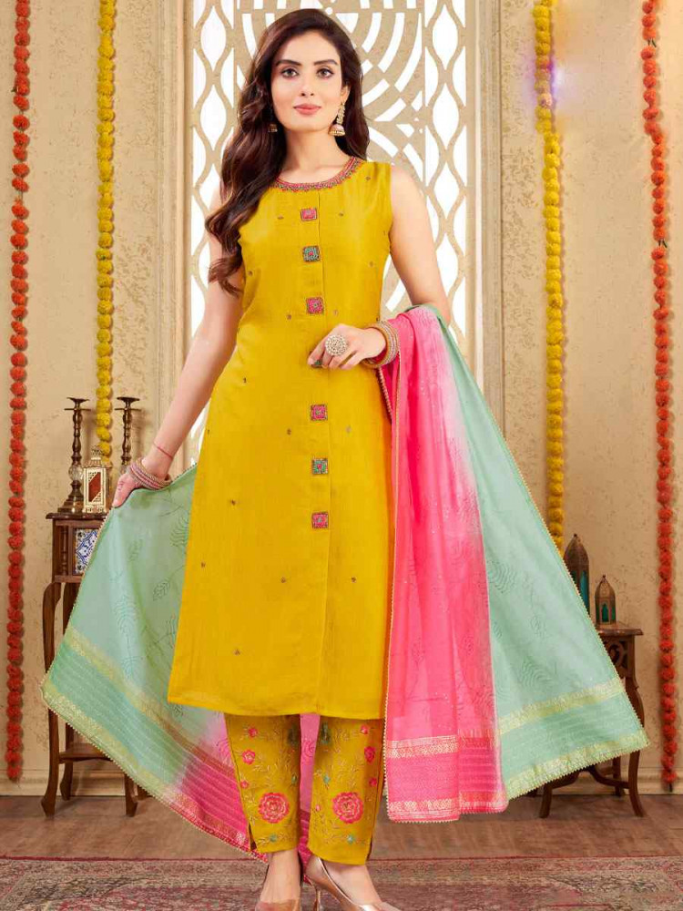 Image of Yellow Silk Embroidery Party Wedding Festival Casual Ready Pant Salwar Kameez