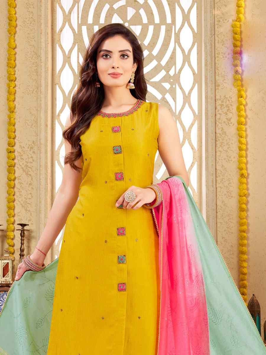Yellow Silk Embroidery Party Wedding Festival Casual Ready Pant Salwar Kameez