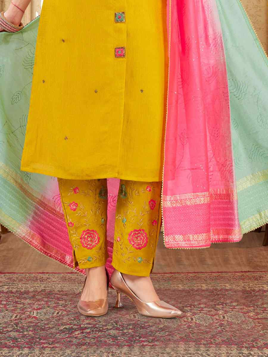 Yellow Silk Embroidery Party Wedding Festival Casual Ready Pant Salwar Kameez