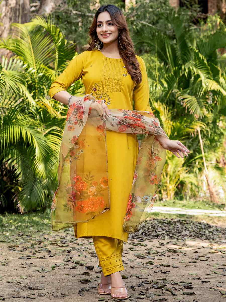 Yellow Silk Embroidery Party Wedding Festival Casual Ready Pant Salwar Kameez