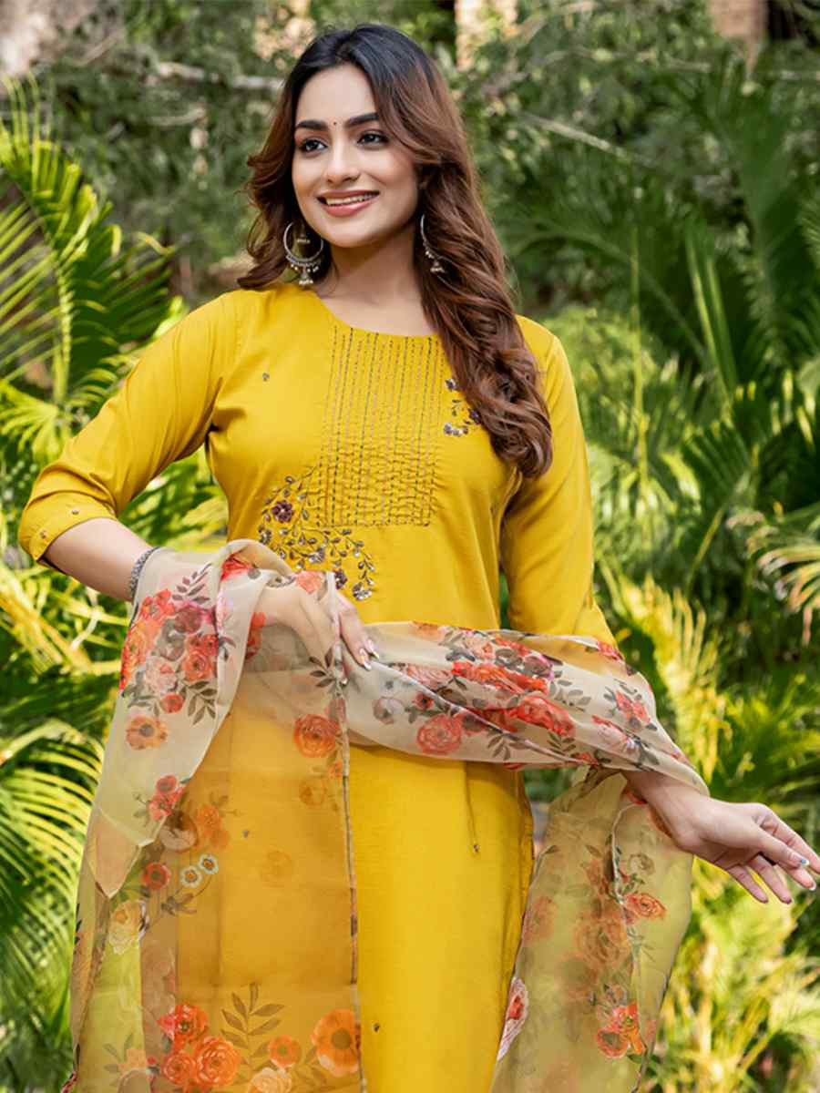 Yellow Silk Embroidery Party Wedding Festival Casual Ready Pant Salwar Kameez