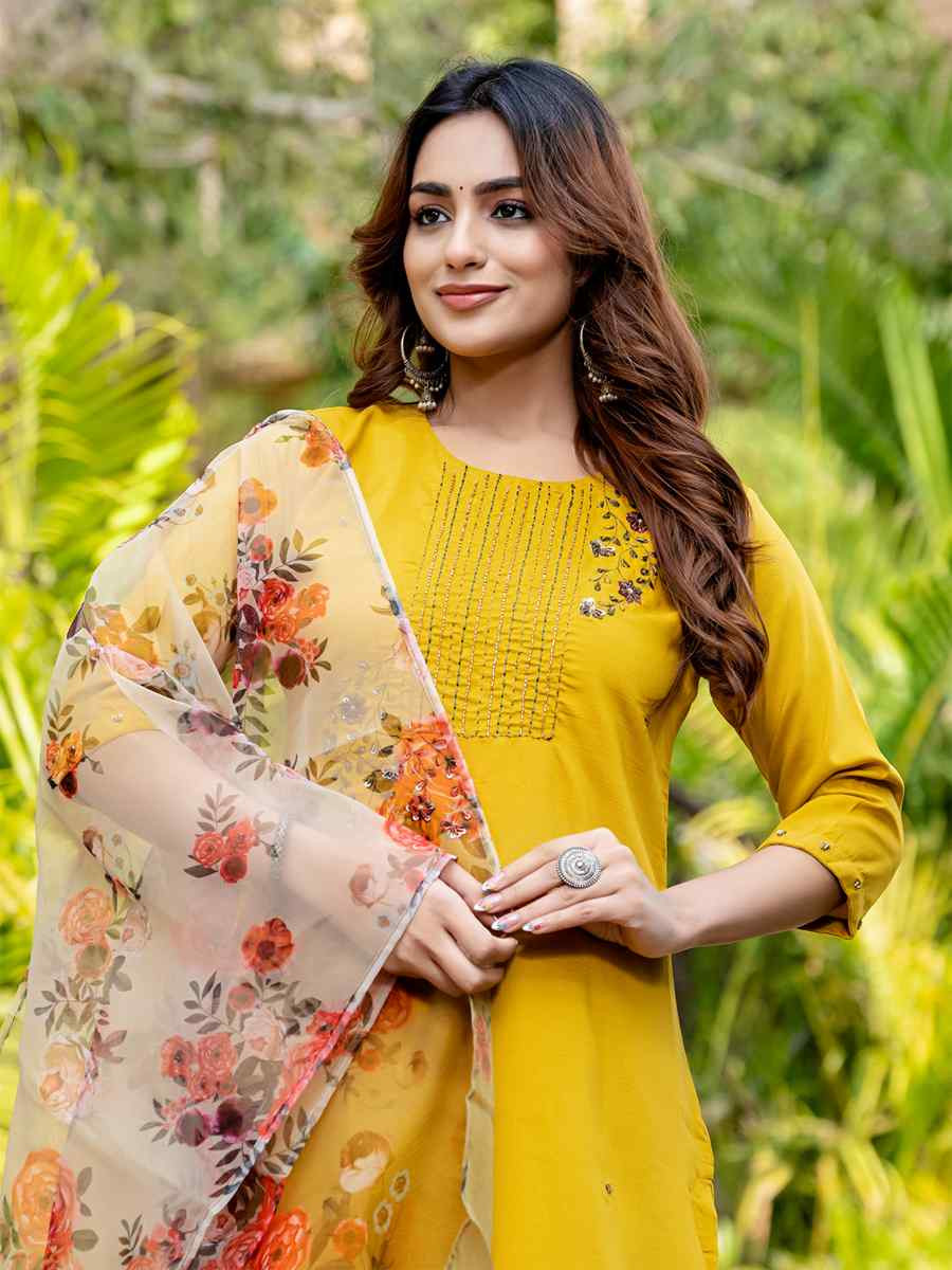 Yellow Silk Embroidery Party Wedding Festival Casual Ready Pant Salwar Kameez