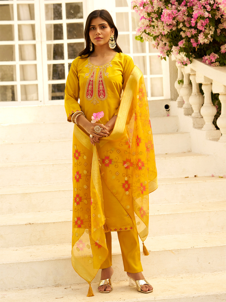 Yellow Silk Embroidery Stone Printed Dupatta Party Wedding Festival Casual Ready Pant Salwar Kameez