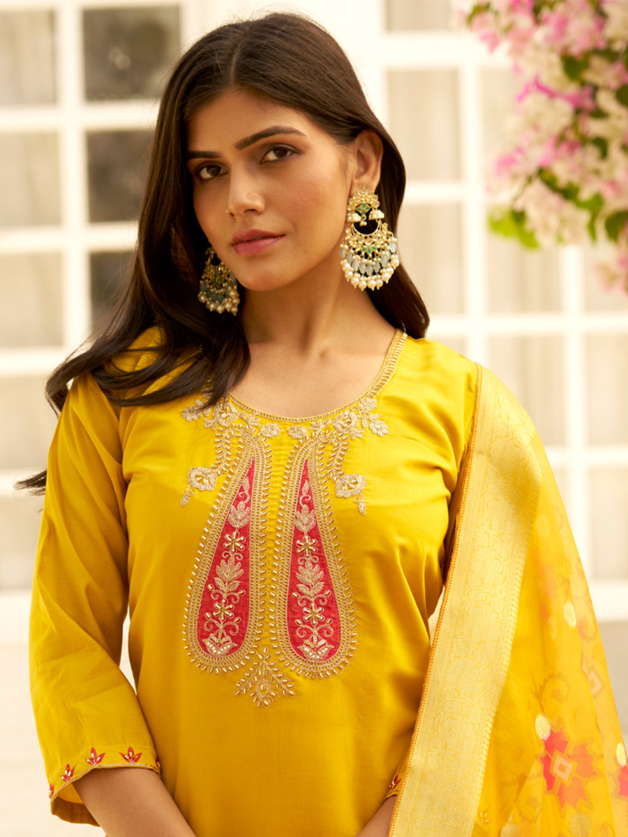 Yellow Silk Embroidery Stone Printed Dupatta Party Wedding Festival Casual Ready Pant Salwar Kameez