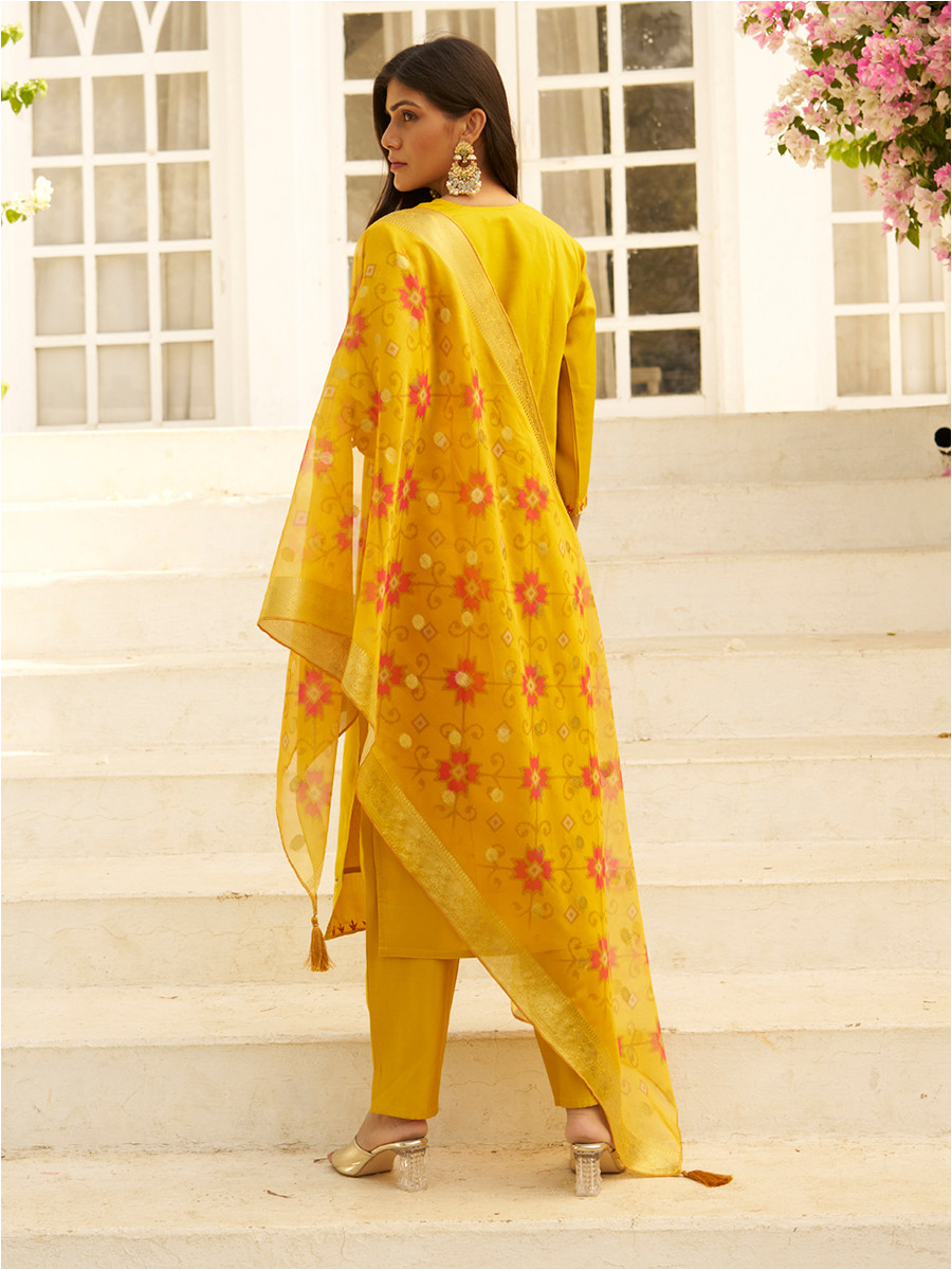 Yellow Silk Embroidery Stone Printed Dupatta Party Wedding Festival Casual Ready Pant Salwar Kameez