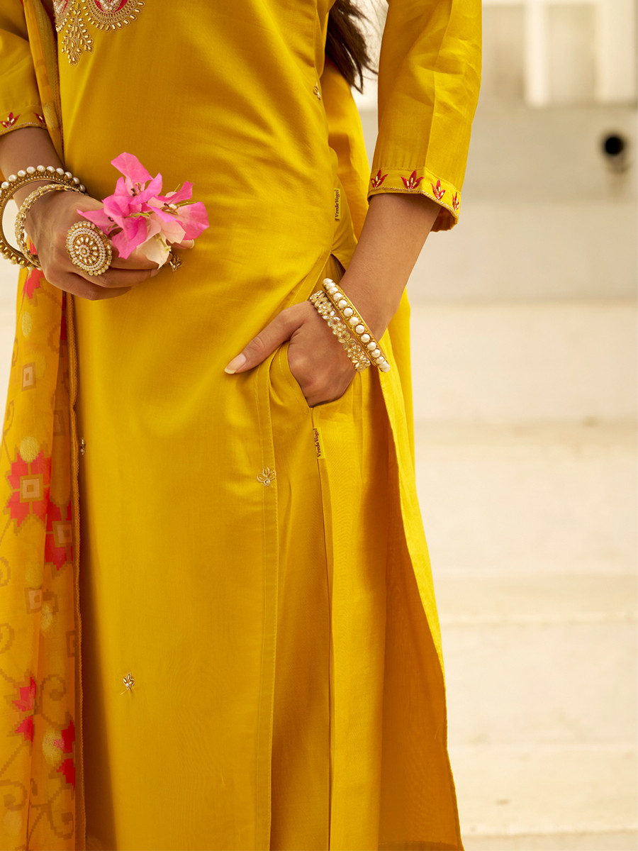 Yellow Silk Embroidery Stone Printed Dupatta Party Wedding Festival Casual Ready Pant Salwar Kameez