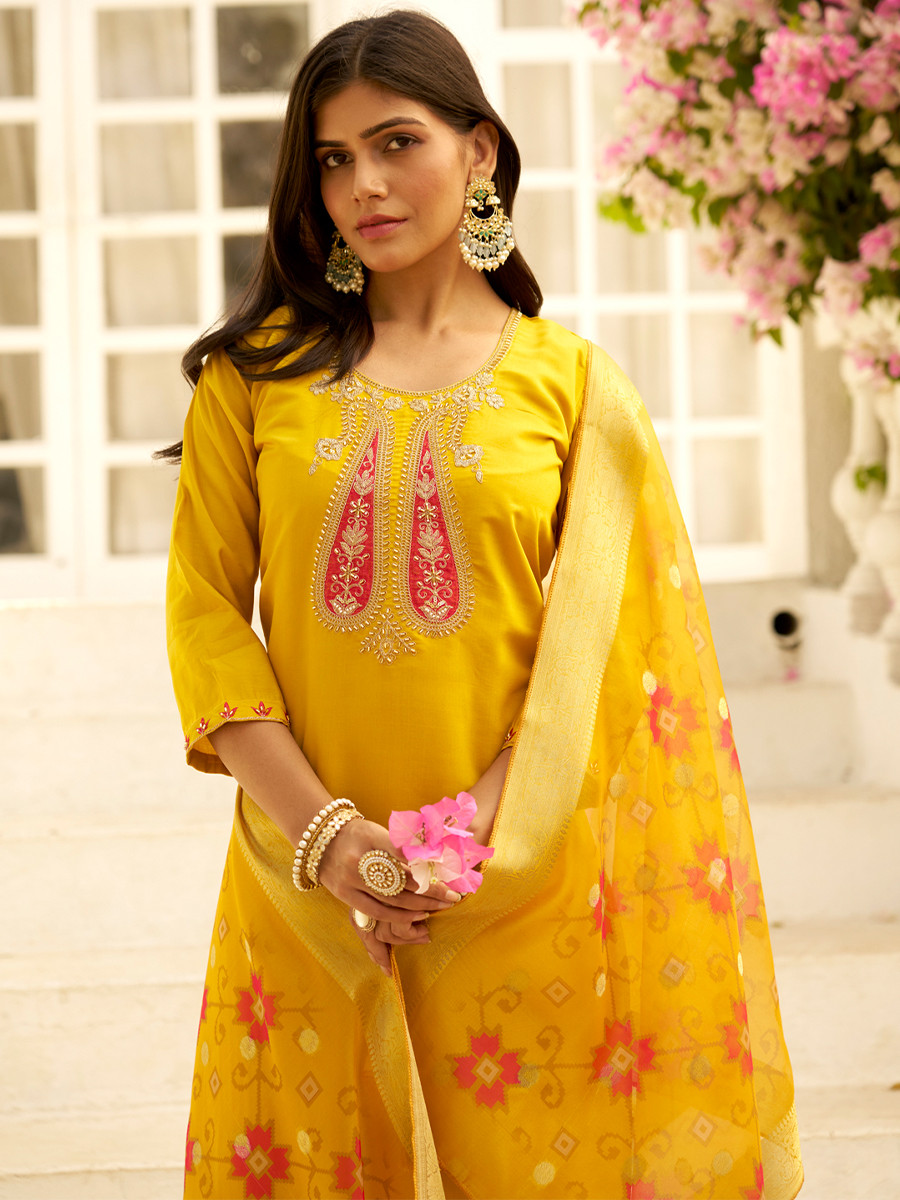 Yellow Silk Embroidery Stone Printed Dupatta Party Wedding Festival Casual Ready Pant Salwar Kameez