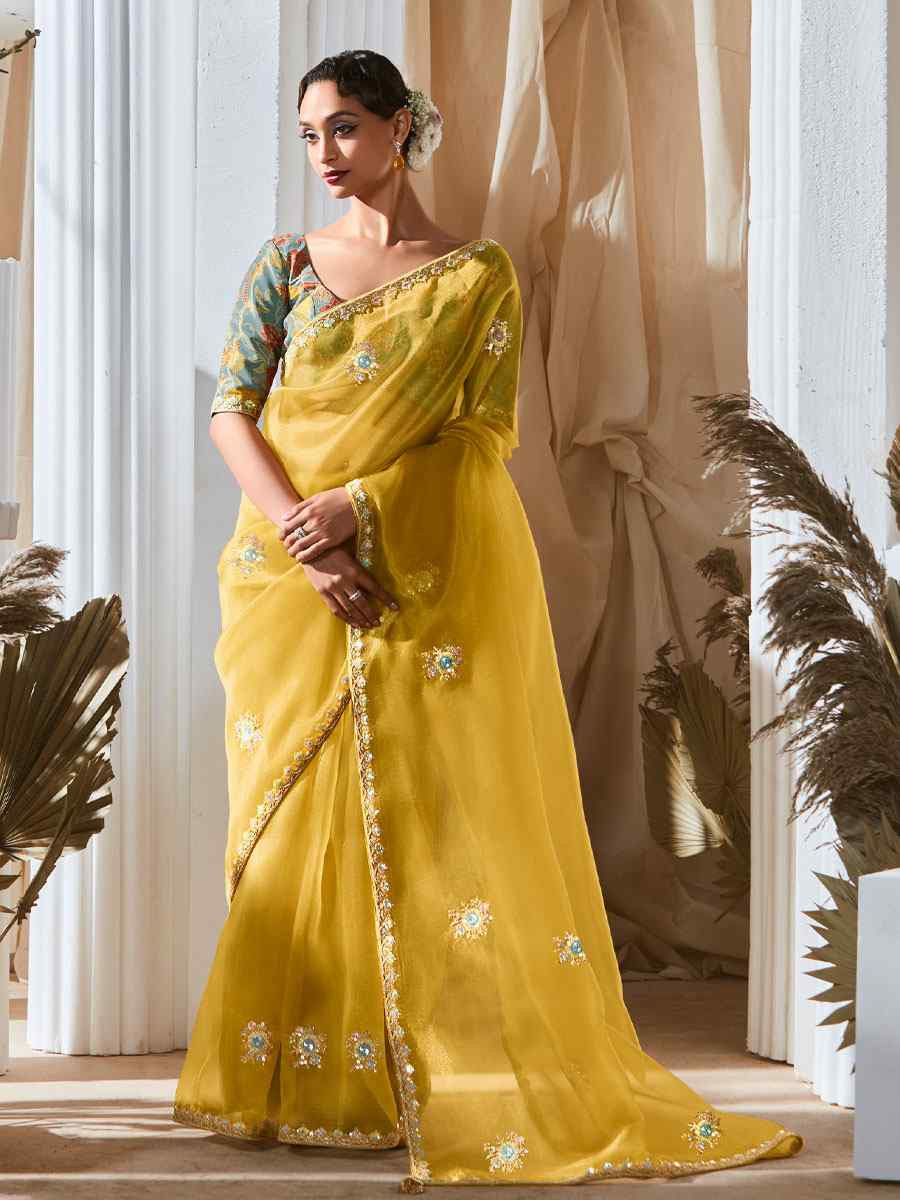 Yellow Silk Embroidery Traditional Bridal Reception Festival Wedding Fancy Heavy Border Saree