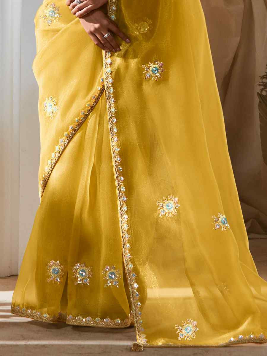 Yellow Silk Embroidery Traditional Bridal Reception Festival Wedding Fancy Heavy Border Saree