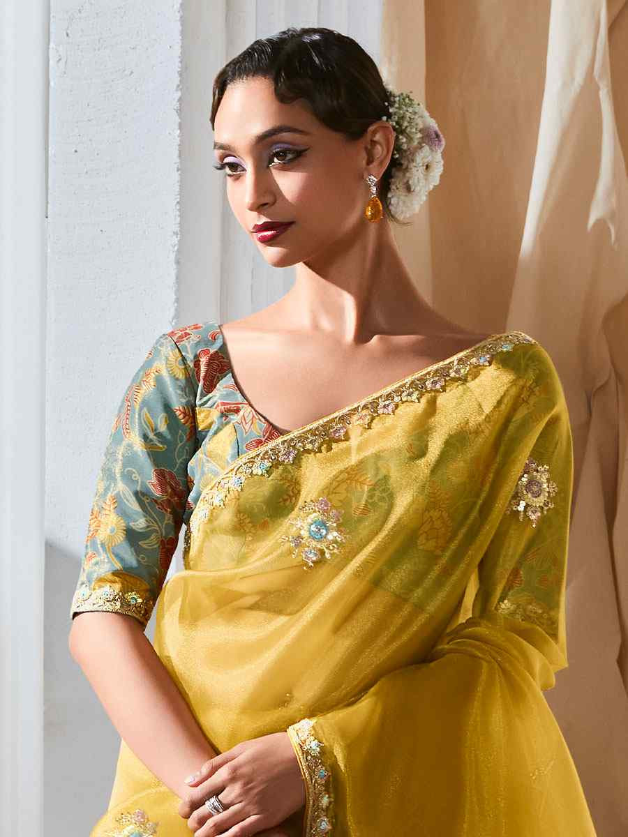 Yellow Silk Embroidery Traditional Bridal Reception Festival Wedding Fancy Heavy Border Saree