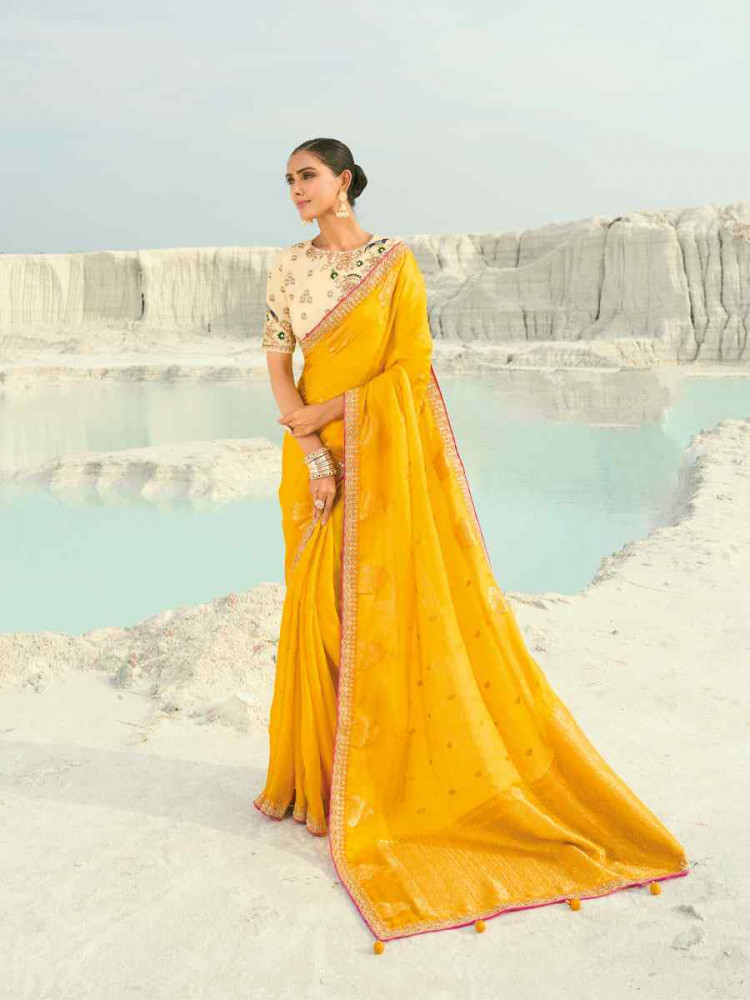 Image of Yellow Silk Embroidery Traditional Bridal Reception Festival Wedding Fancy Heavy Border Saree