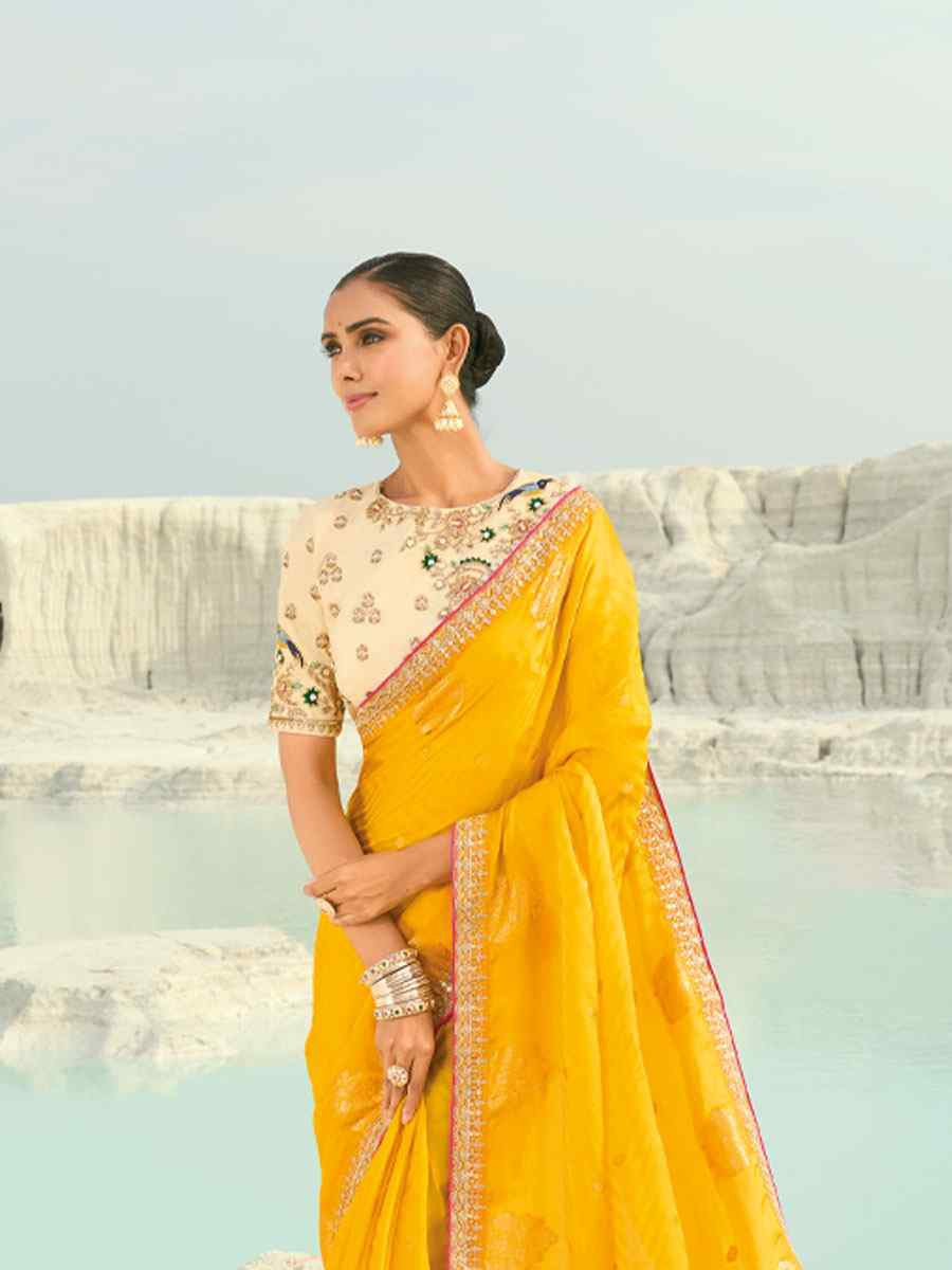 Yellow Silk Embroidery Traditional Bridal Reception Festival Wedding Fancy Heavy Border Saree