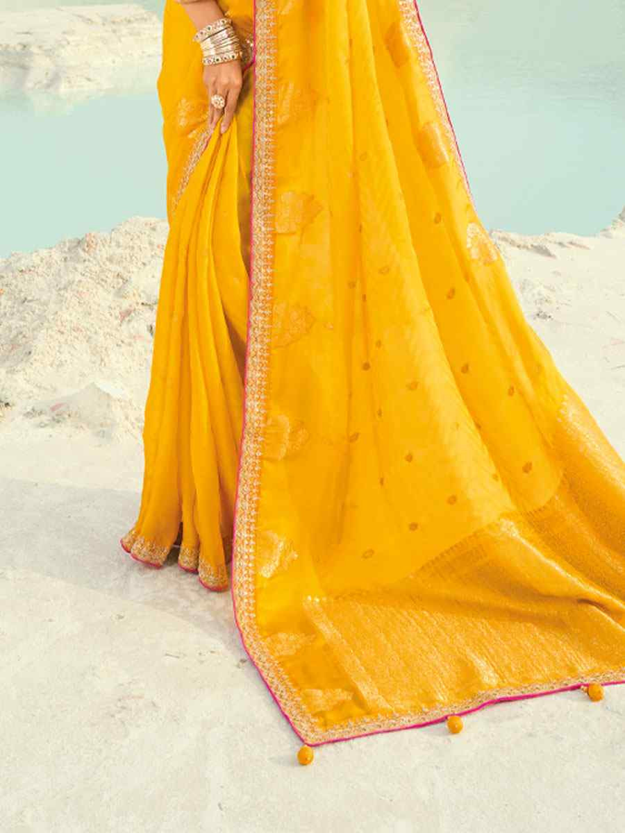 Yellow Silk Embroidery Traditional Bridal Reception Festival Wedding Fancy Heavy Border Saree