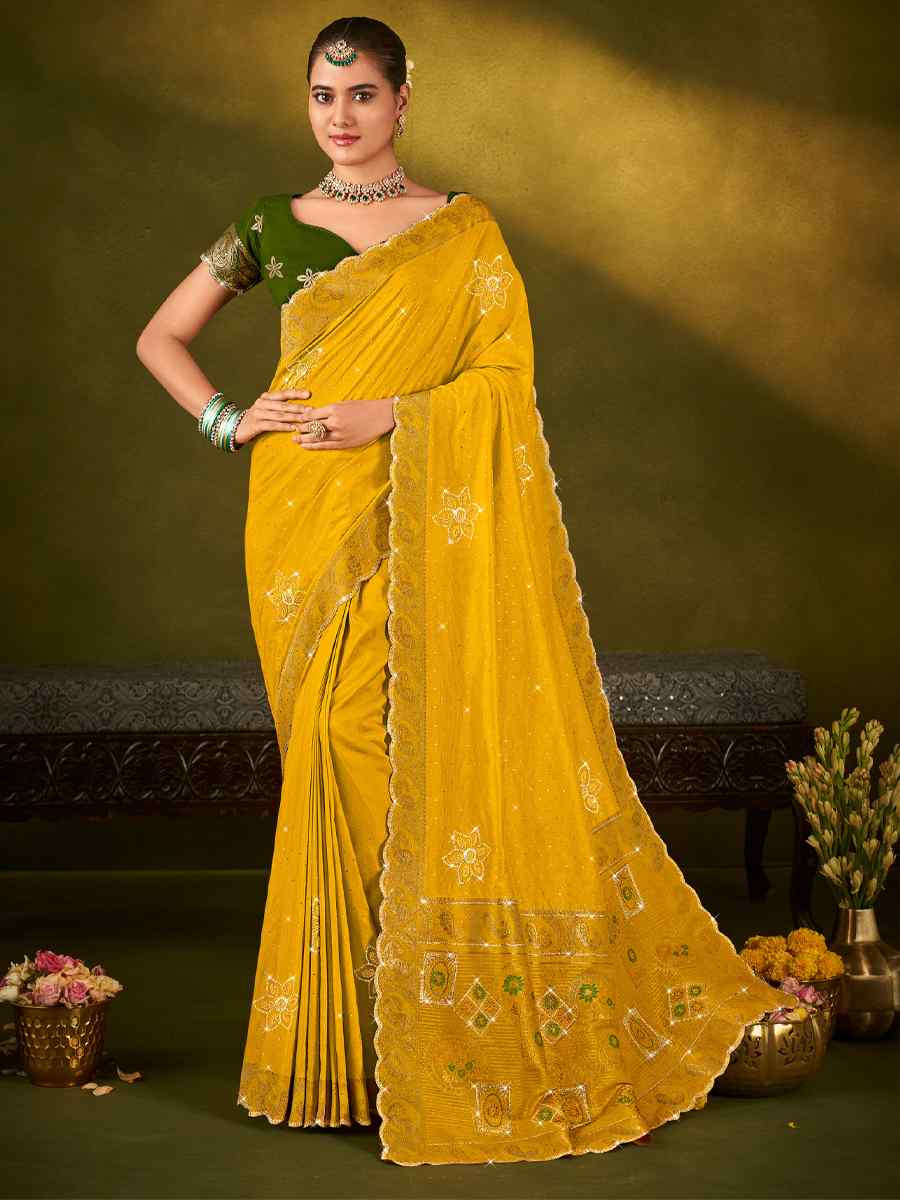 Yellow Silk Handwoven Bridal Reception Festival Wedding Fancy Heavy Border Saree