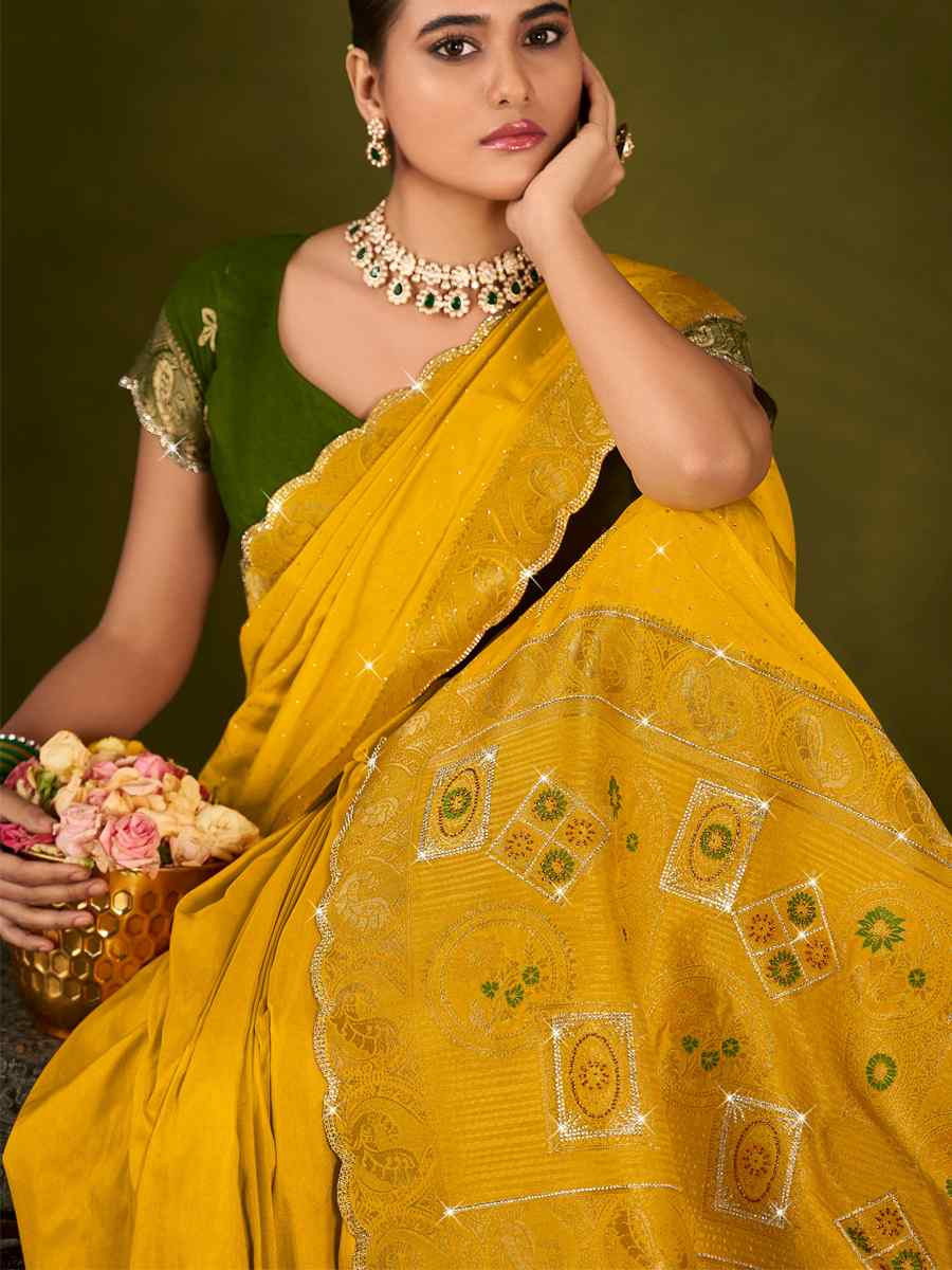 Yellow Silk Handwoven Bridal Reception Festival Wedding Fancy Heavy Border Saree