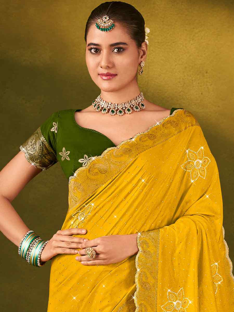 Yellow Silk Handwoven Bridal Reception Festival Wedding Fancy Heavy Border Saree