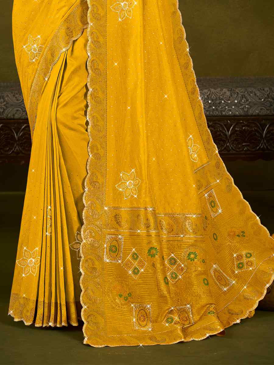 Yellow Silk Handwoven Bridal Reception Festival Wedding Fancy Heavy Border Saree