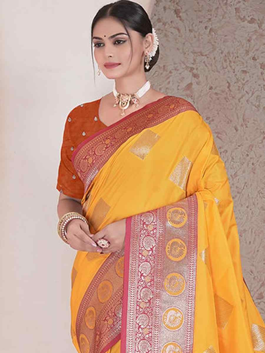 Yellow Silk Handwoven Festival Wedding Fancy Heavy Border Saree