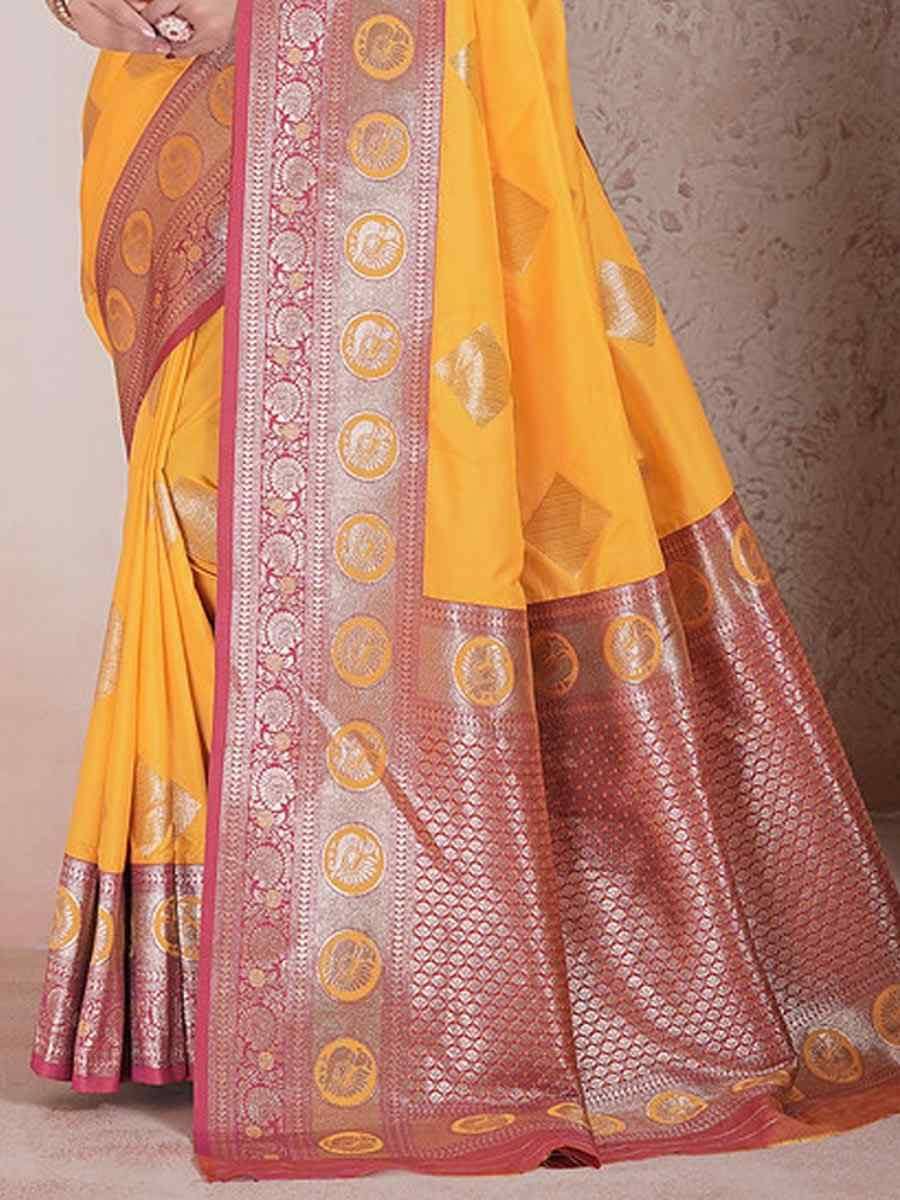 Yellow Silk Handwoven Festival Wedding Fancy Heavy Border Saree