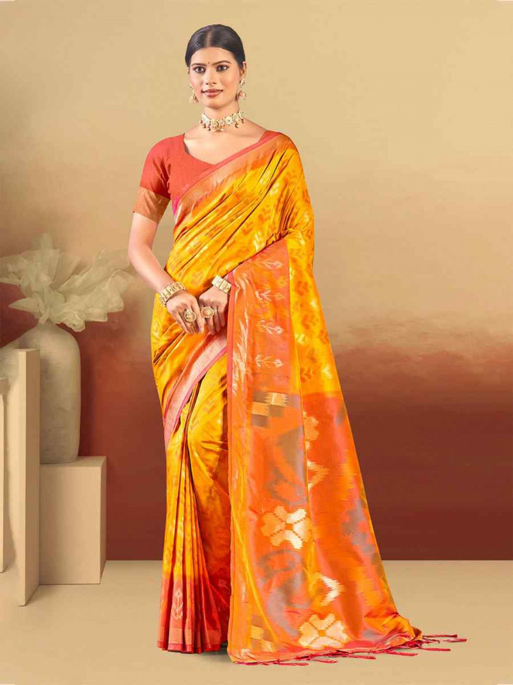 Image of Yellow Silk Handwoven Festival Wedding Fancy Heavy Border Saree