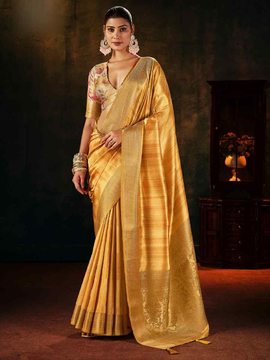 Yellow Silk Handwoven Traditional Bridal Reception Festival Wedding Fancy Heavy Border Sarees