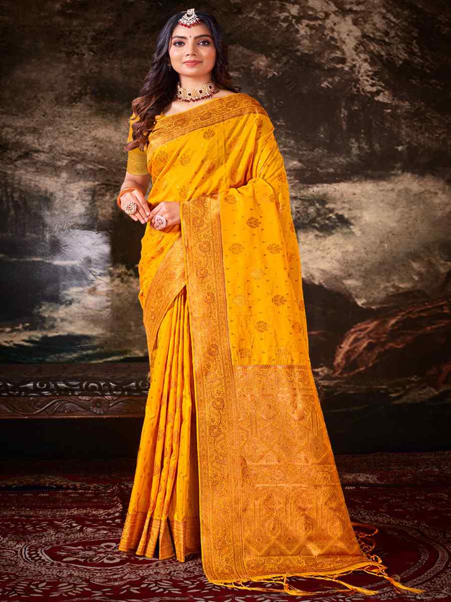 Yellow Silk Handwoven Wedding Festival Heavy Border Saree