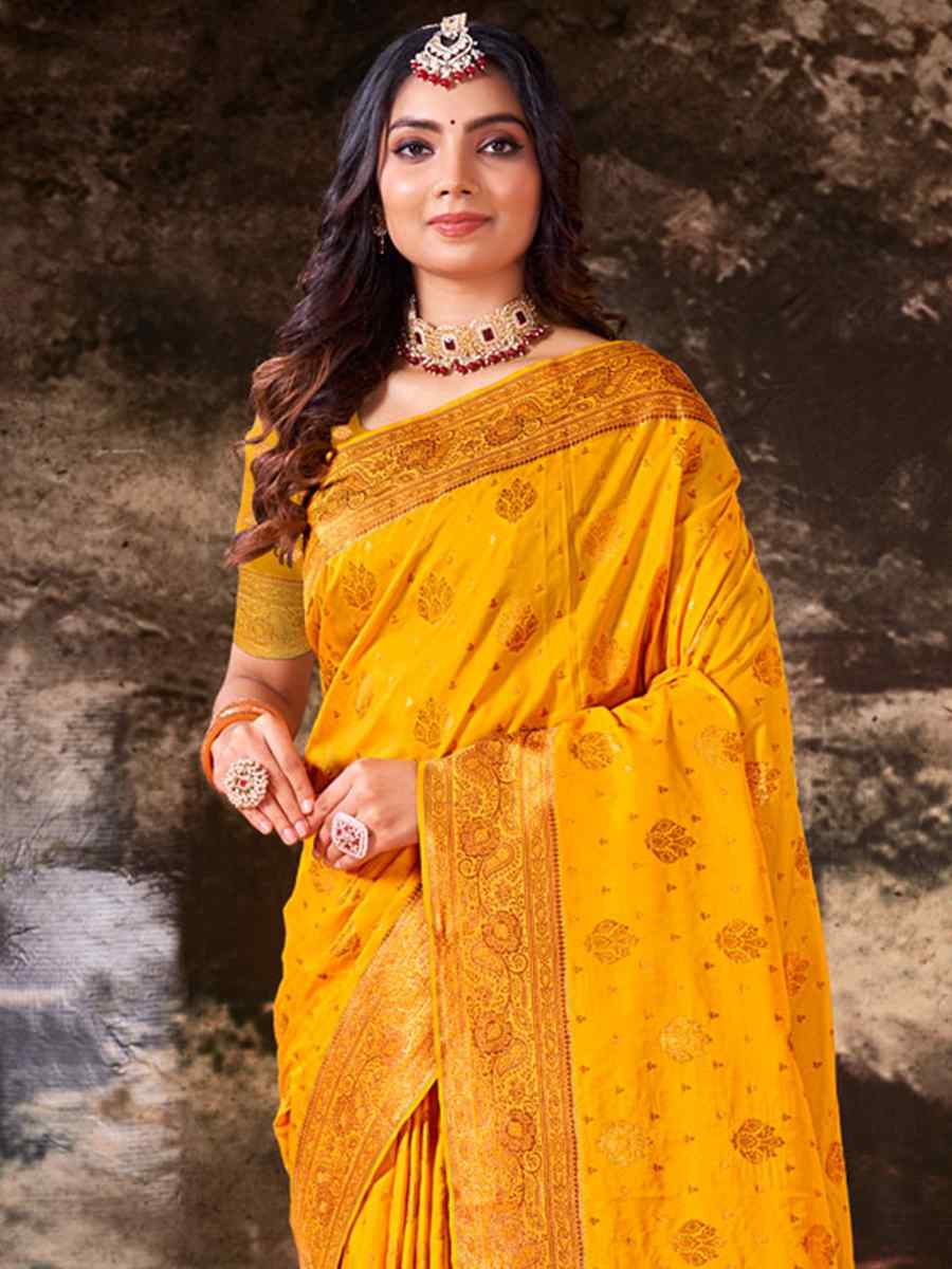 Yellow Silk Handwoven Wedding Festival Heavy Border Saree
