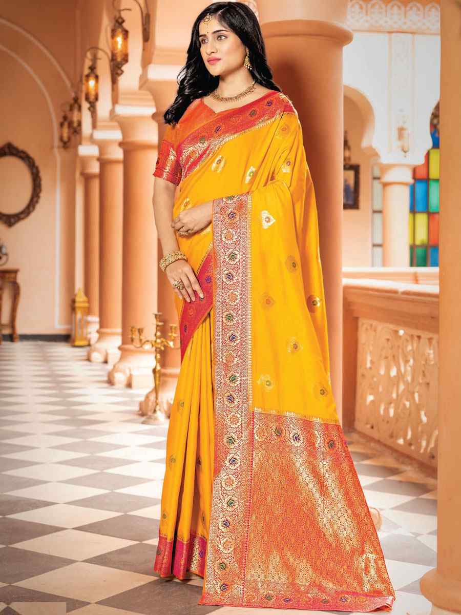 Yellow Silk Handwoven Wedding Festival Heavy Border Saree