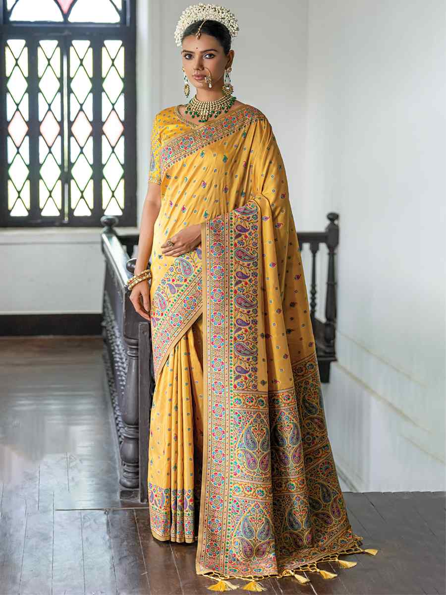 Yellow Silk Handwoven Wedding Festival Heavy Border Saree