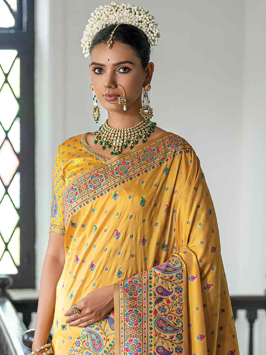 Yellow Silk Handwoven Wedding Festival Heavy Border Saree