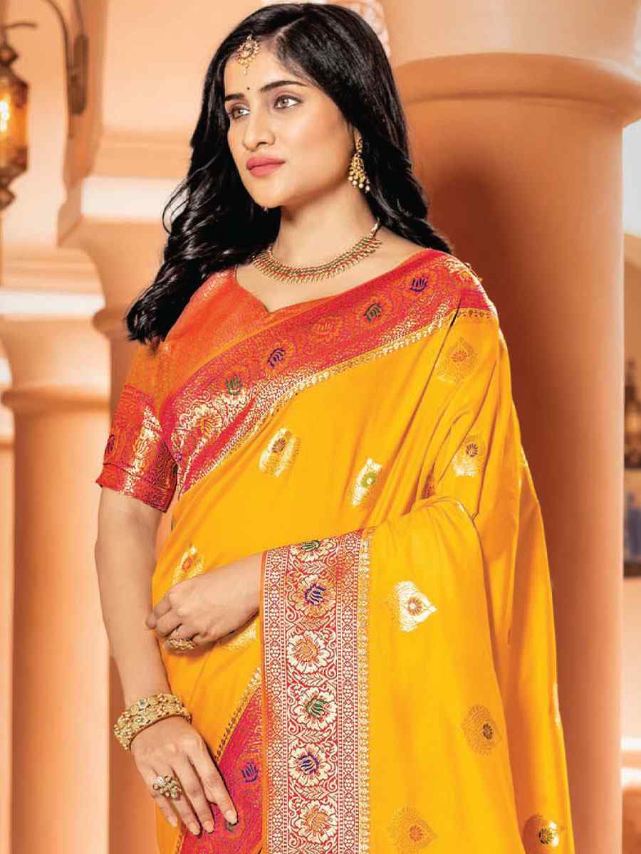 Yellow Silk Handwoven Wedding Festival Heavy Border Saree
