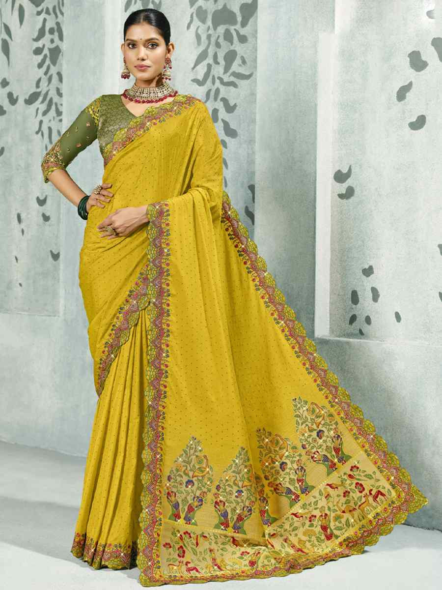Yellow Silk Handwoven with Embroidery Bridal Reception Festival Wedding Fancy Heavy Border Saree
