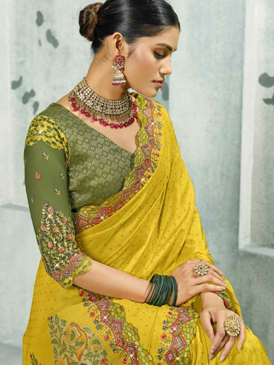 Yellow Silk Handwoven with Embroidery Bridal Reception Festival Wedding Fancy Heavy Border Saree