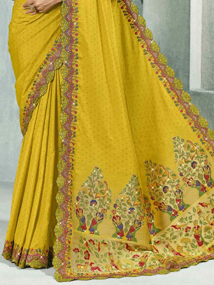 Yellow Silk Handwoven with Embroidery Bridal Reception Festival Wedding Fancy Heavy Border Saree