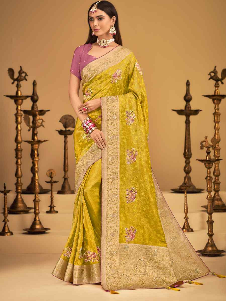 Yellow Silk Handwoven with Embroidery Bridal Reception Festival Wedding Fancy Heavy Border Saree