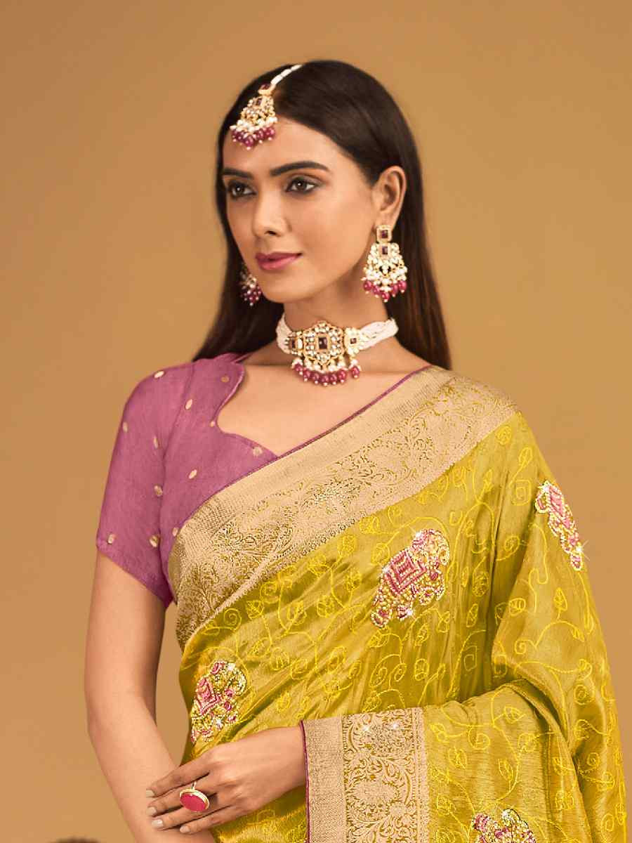 Yellow Silk Handwoven with Embroidery Bridal Reception Festival Wedding Fancy Heavy Border Saree
