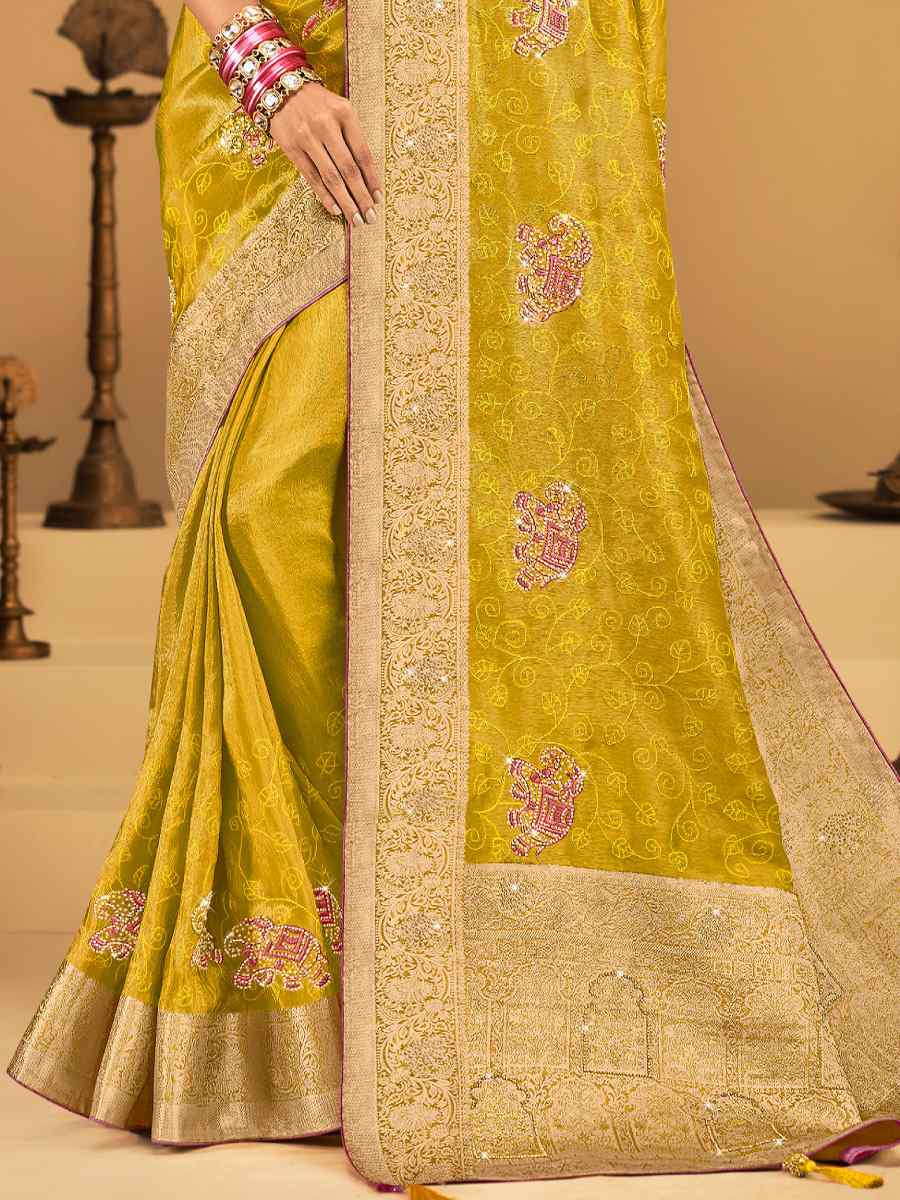 Yellow Silk Handwoven with Embroidery Bridal Reception Festival Wedding Fancy Heavy Border Saree