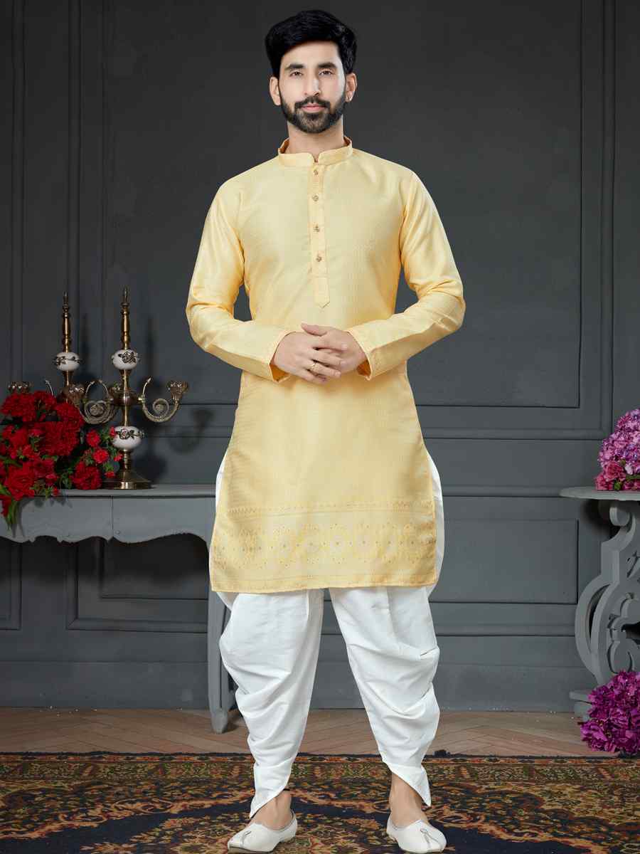Yellow Silk Jacquard Woven Festival Kurta